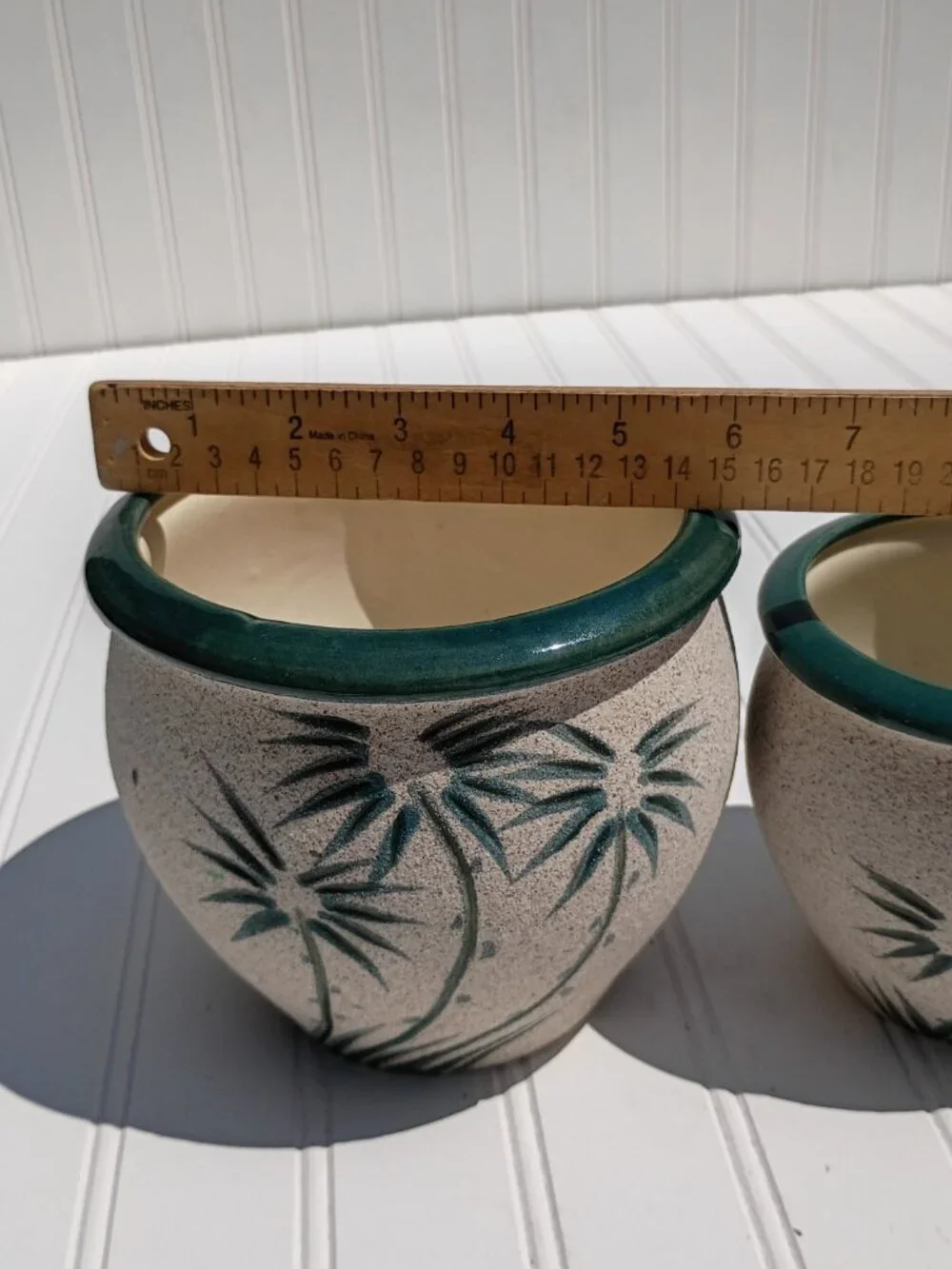 Vintage Pair of Pottery Planters Palm Tree Sandstone Glazed Ceramic Flower Pots
